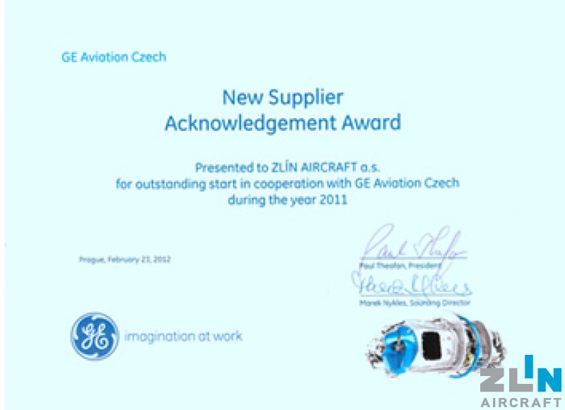 ZLIN AIRCRAFT ganó el título del Mejor proveedor nuevo de GE Aviation Chzech